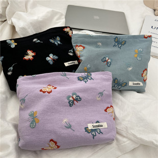 110221 day blue butterfly embroidered cosmetic bag portable zipper storage bag portable hand-held change purse for women