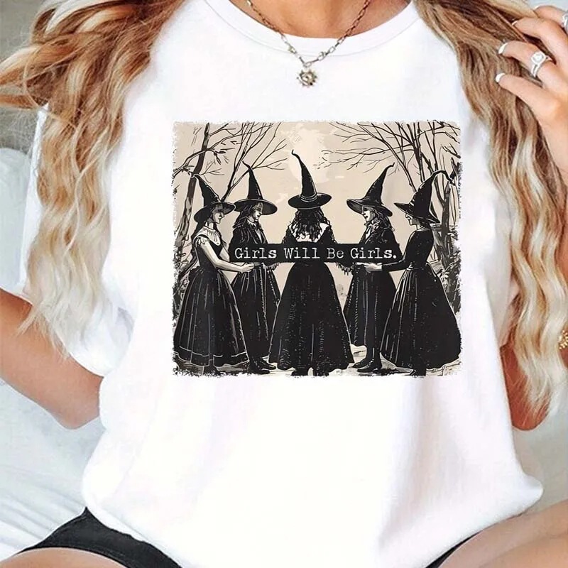 Girls Will Be Girls Witch In The Forest Print Crew Neck T-Shirt Spring Summer Short Sleeve T-Shirt Top Loose Fit Girls Will Be Girls Witch In The Forest Print Crew Neck T-Shirt Spring Summer Short Sleeve T-Shirt Top Loose Fit
