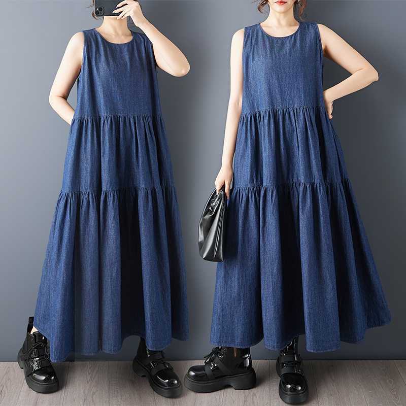Summer retro denim fashionable long dress sleevless