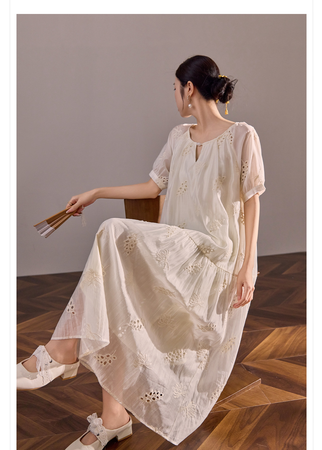 Váy maxi dáng rộng phong cách Trung Hoa mới cao cấp mùa hè chất Tencel cho người dáng nhỏ — Màu trắng nhạt chi tiết 7