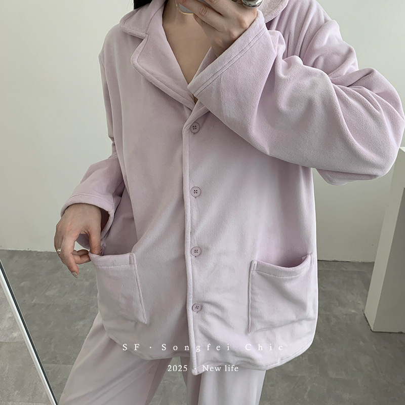 25松霏新款澳毛绒加绒加厚睡衣女 软糯宽松净版家居服翻领套装|undefined