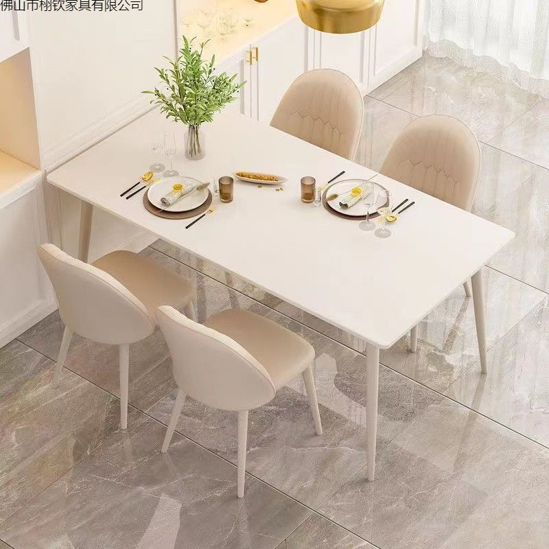 Cream Style Pure White Slate Dining Table for Home Small Apartment Dining Table and Chair Combination Milk Tea Shop Table and Chairs Light Luxury Modern Simplicity