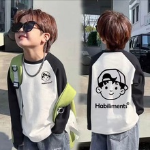 100%纯棉男童插肩袖长袖T2025春秋新款中大童拼接撞色圆领打底衫