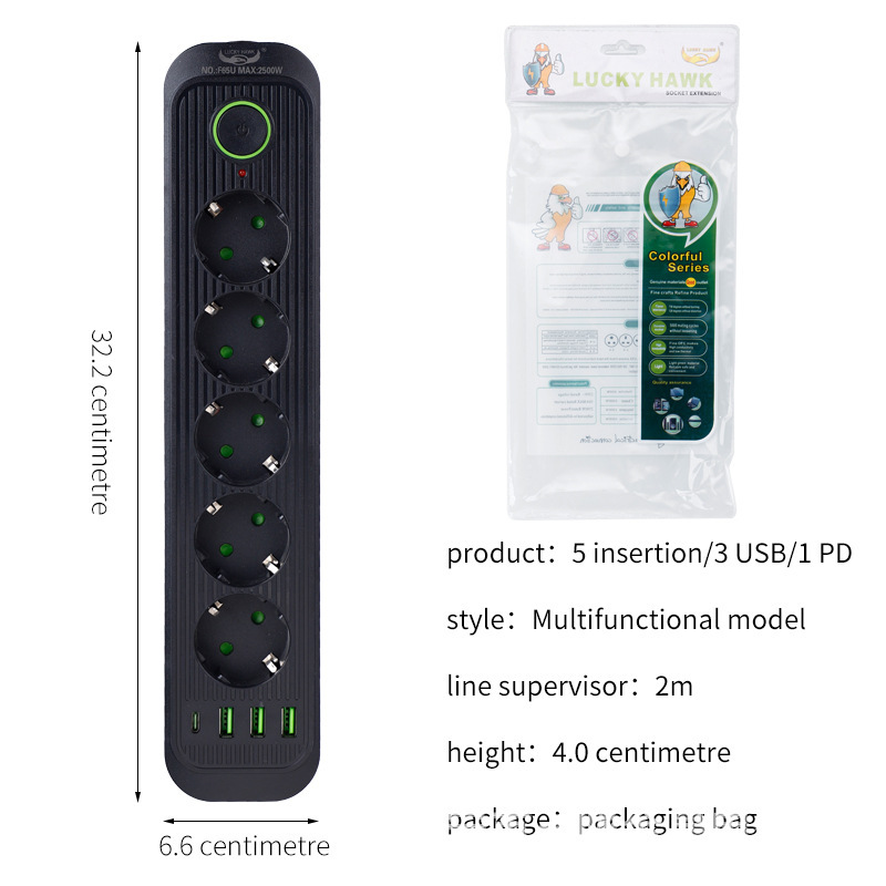 Negro europeo estándar europeo dos puertas de seguridad a tierra USB-C carga 2.1A enchufe de fila