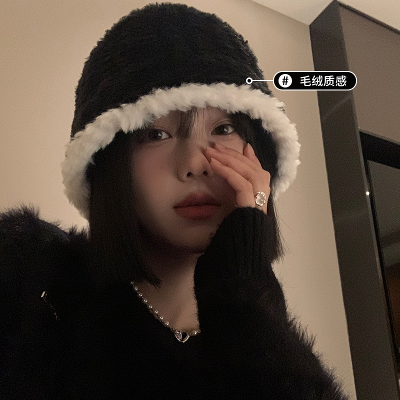 秋冬季渔夫女百搭毛绒盆帽素颜大头围水桶保暖显脸小遮脸针织帽子|undefined