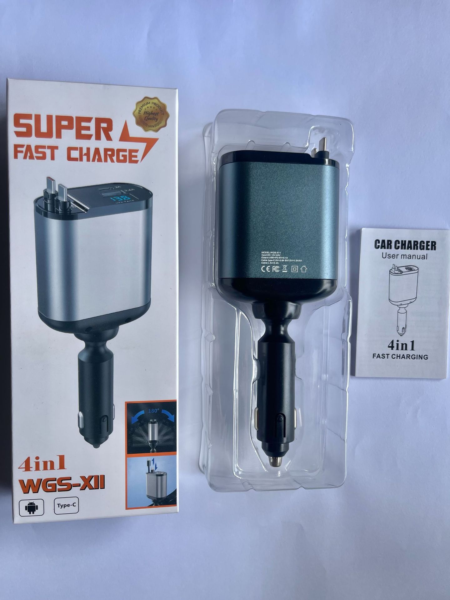 Car Charger with Retractable Cable, One-To-Four Car Charger, Super Fast Charging, Flash Charging, Car Phone Charging Head, Cigarette Lighter