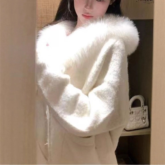 Soft and Cute Little Milk Rabbit Fox Fur Collar Wool Blend Knitted Cardigan Top Pure Lust Jacket