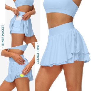 Cross-Border New Women's High-Waisted Sports Tennis Skirt with Pockets for Outdoor Running and Exercise Quick-Drying Ice Silk Sports Culottes