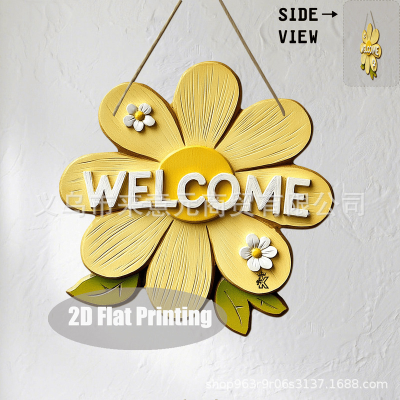 Yellow Daisy "Welcome" Door Sign 2D Flat Printed Floral Hanging Decoration Country-Style Floral Front Door Decoration