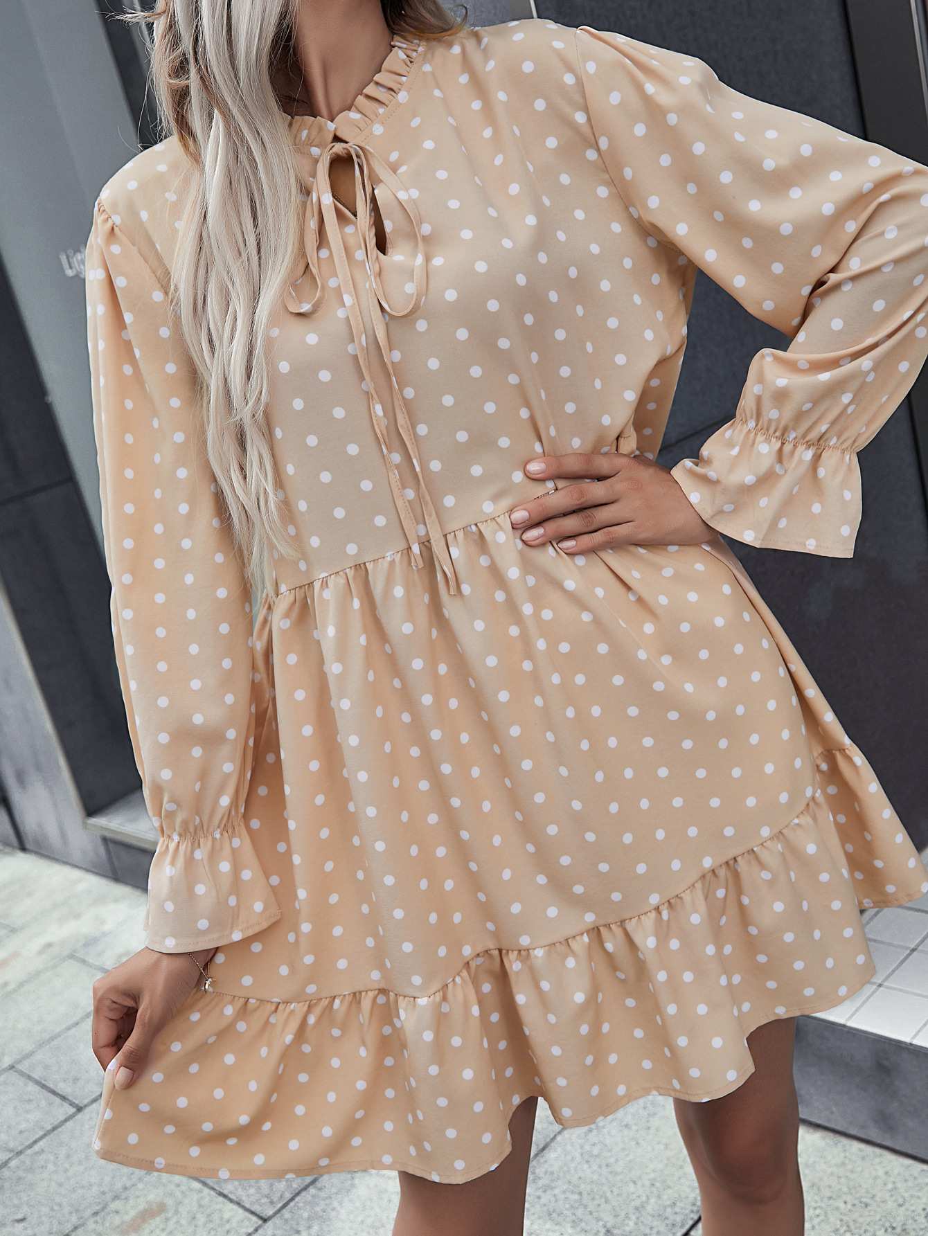 women s long-sleeved loose polka-dot tie dress nihaostyles clothing wholesale NSCX72525