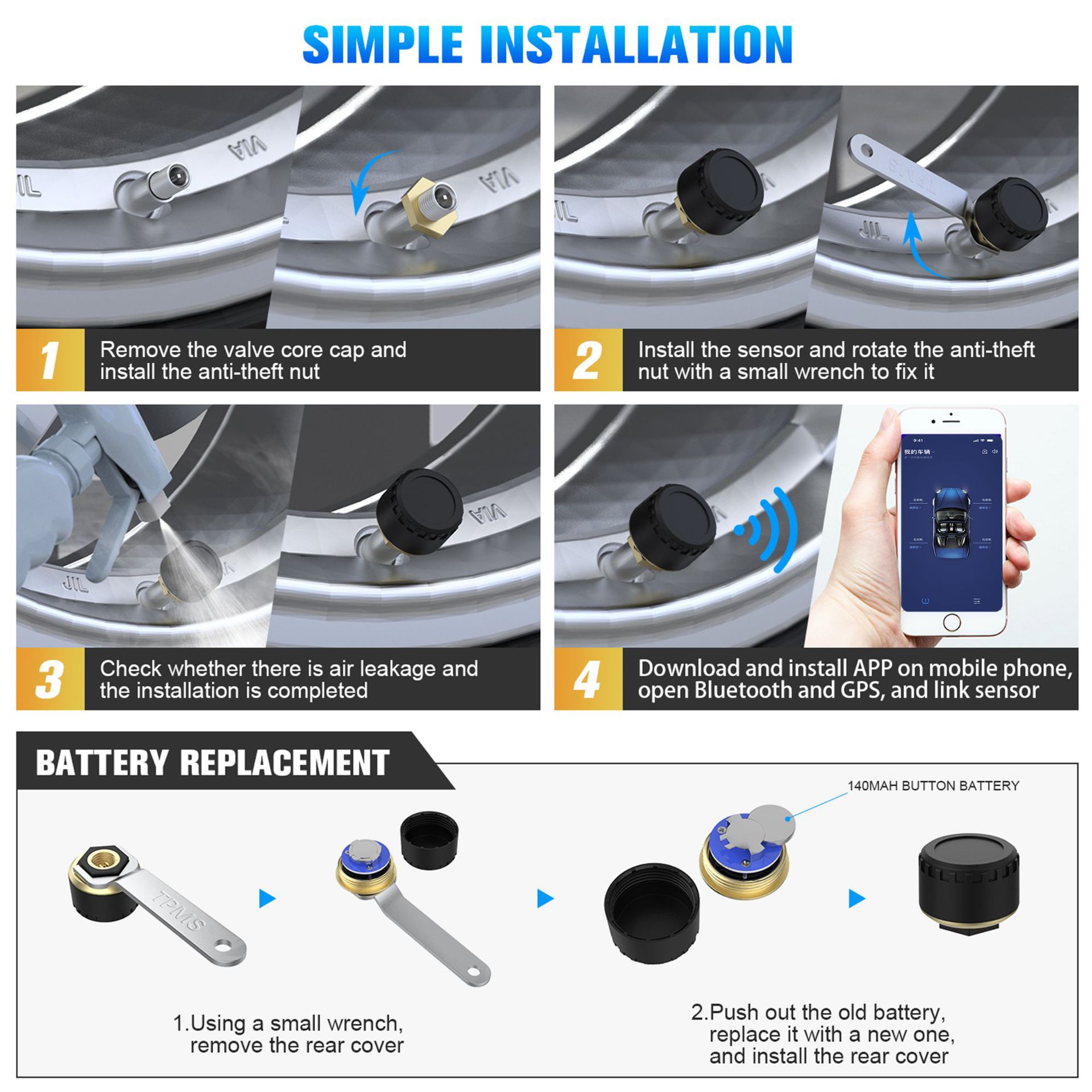 Motorcycle Real-Time Tire Pressure Monitoring Sensor Bluetooth Wireless Tire Pressure Sensor for Two-Wheeled Vehicles