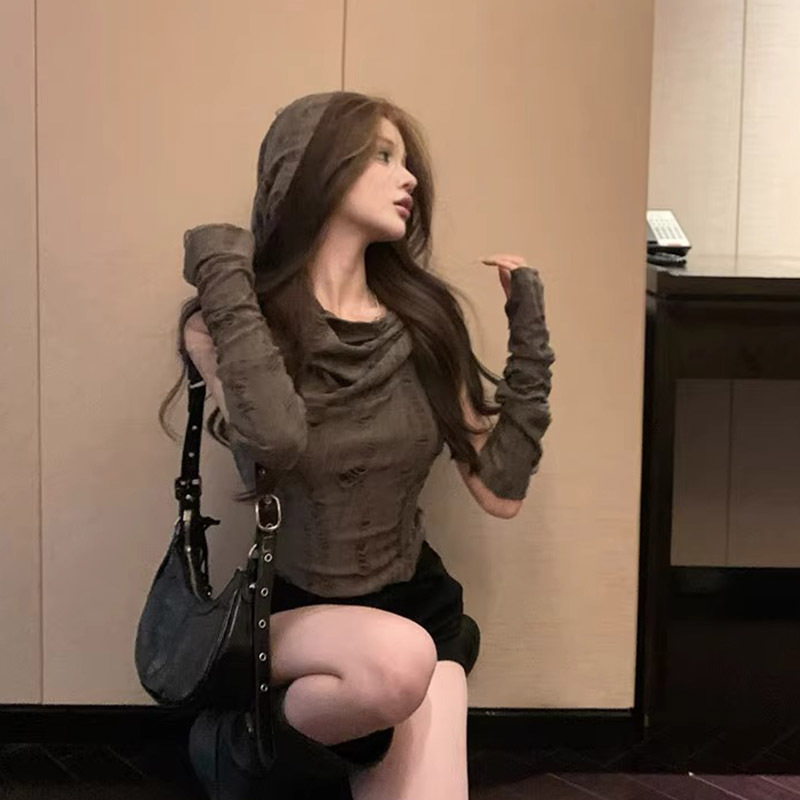 Official figure real price waste soil wind sweet hot girl short sleeve top women's spring and summer hole vest hooded base shirt T-shirt