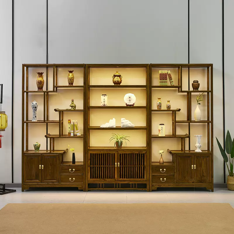 新中式带灯老榆木博古架实木多宝阁客厅隔断茶叶展示柜陈列置物架