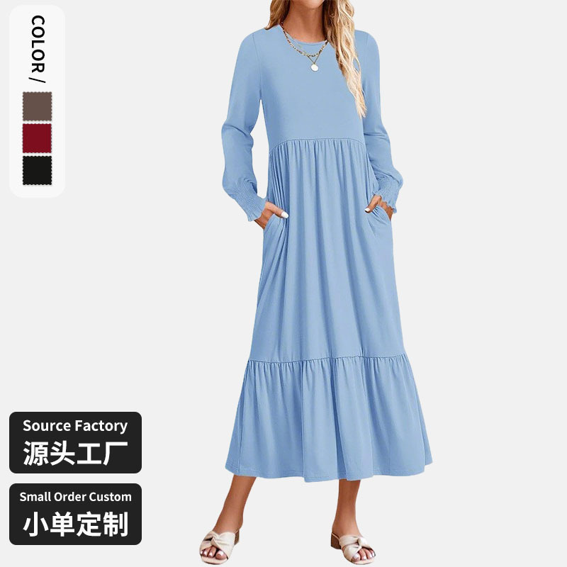 Amazon European and American Cross-Border Plus-Size Women's Solid Color Pullover Autumn Long-Sleeve Layered Mid-Length Dress for a Stylish and Professional Look