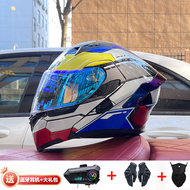 Casco de exposición Orz para hombres y mujeres invierno Doble espejo coche eléctrico semi-Casco completo cola de color coche deportivo ranura Bluetooth cuatro estaciones casco