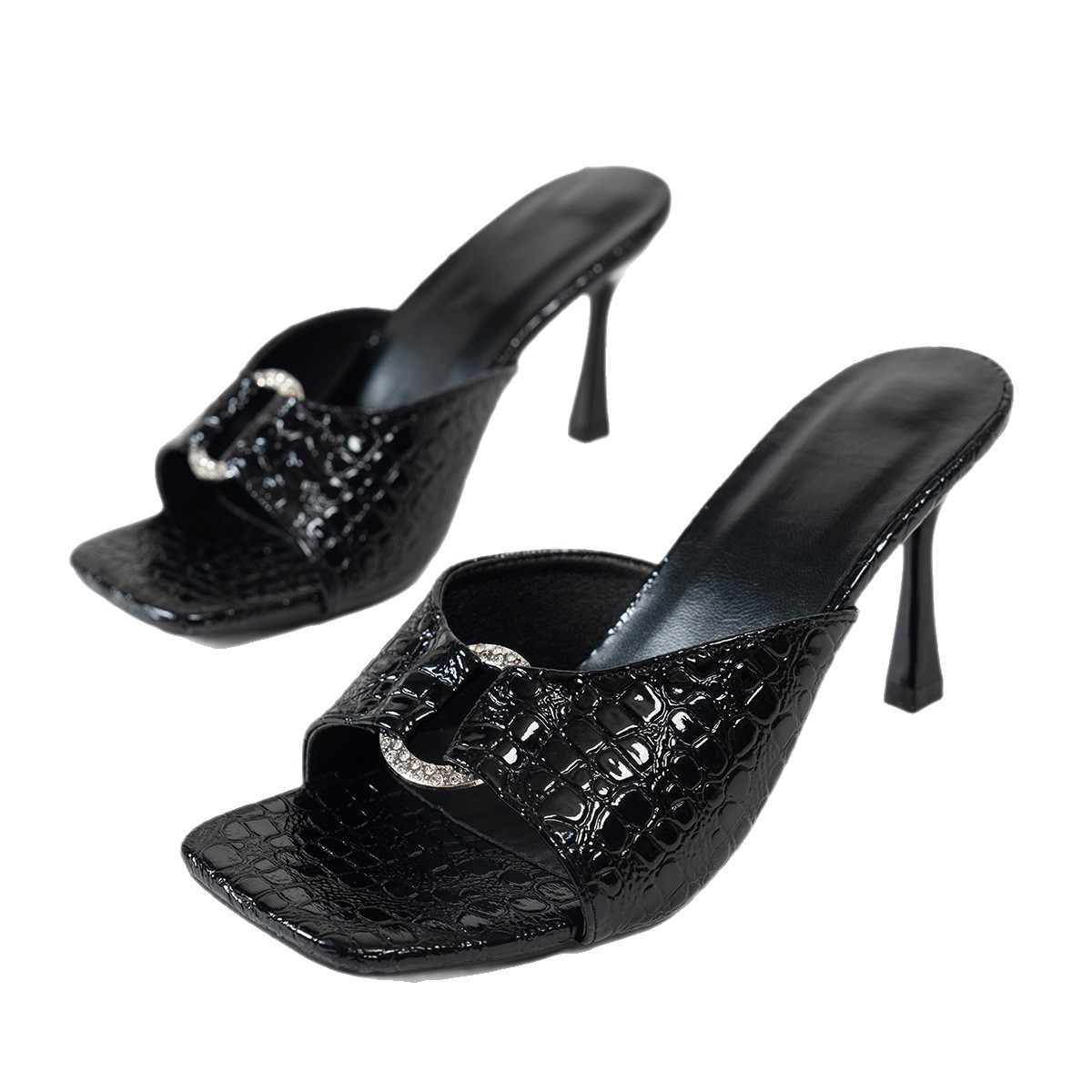 Stiletto Heeled Square Toe Rhinestone Sandals, Summer New Style Open Toe Plus Size High Heeled Sandals_vogvips.com