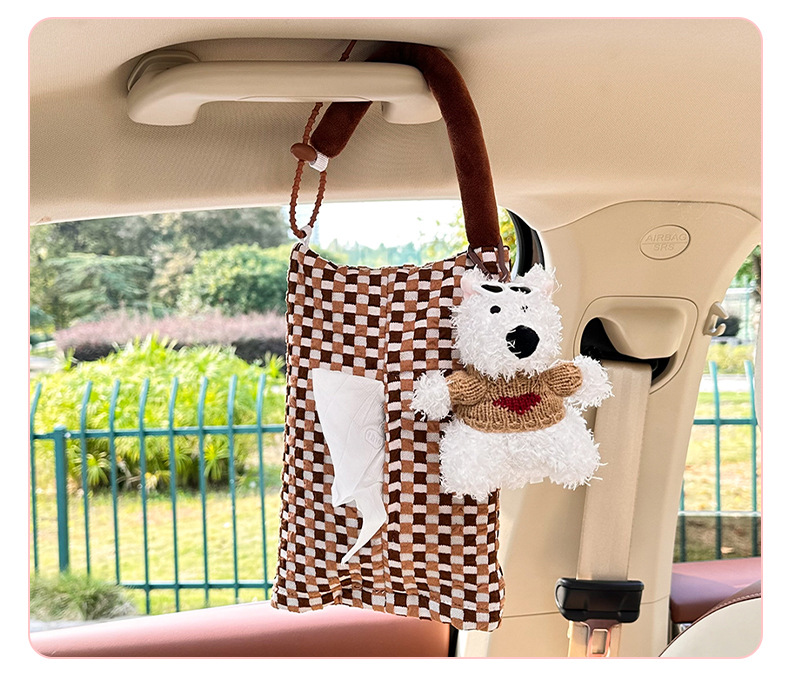 Car tissue box cute cartoon checkerboard car seat back-mounted tissue bag creative car decoration supplies