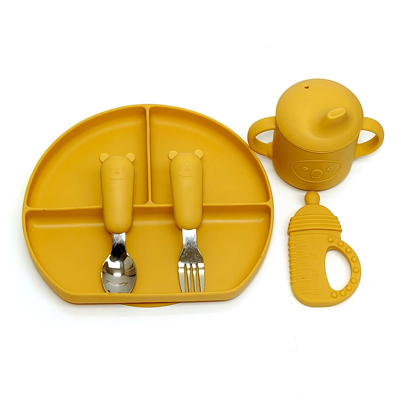 Baby Water Drop Dinner Plate Split Plate Sucker Integrated Baby Food Spoon Silicone Bowl Children's Tableware Dining suit