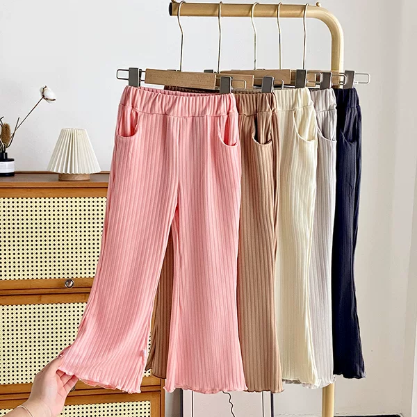 Girls' Flared Pants All-match Summer Children's Casual Pants Thin Ice Silk Pants Princess Style Wood-ear Wide-leg Pants