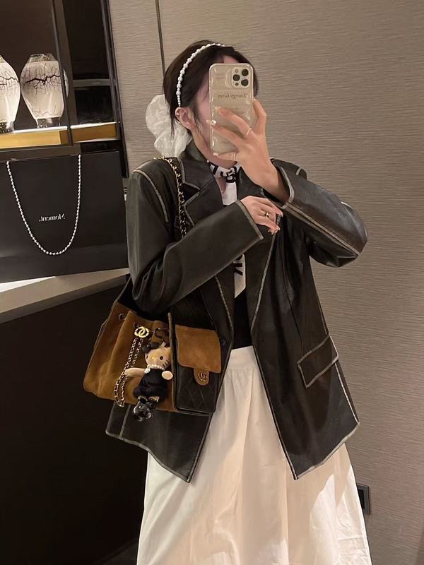 复古高级感磨砂皮腋下抽绳水桶包包女2025秋冬新款菱格链条斜挎包|undefined