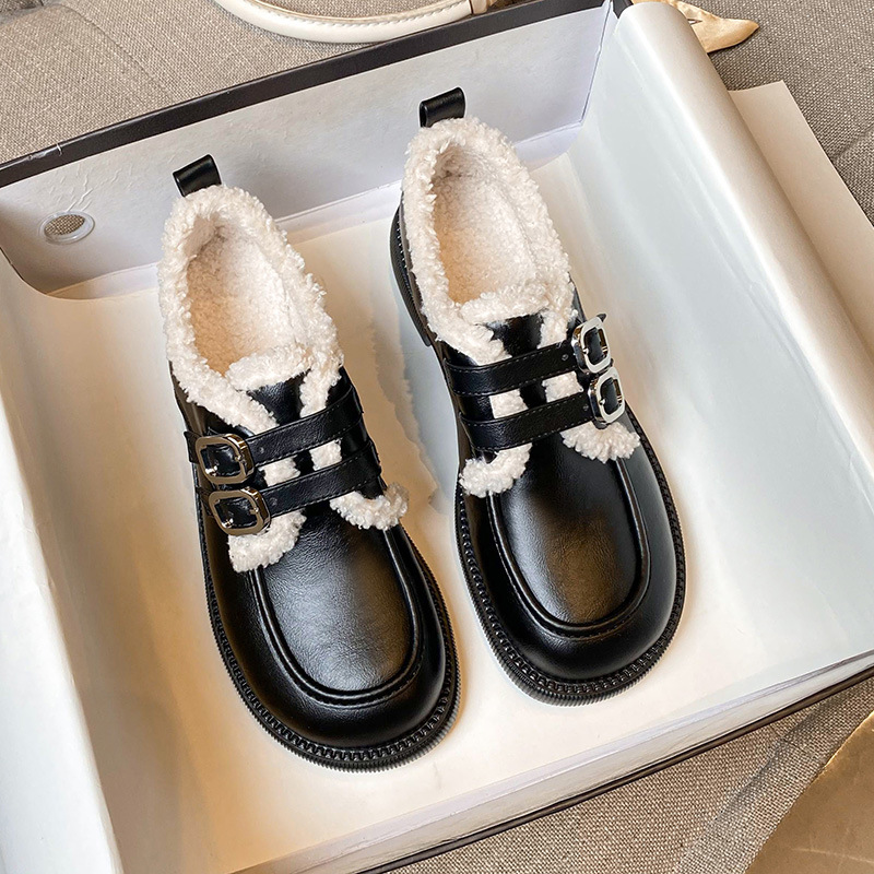 毛毛鞋女秋冬新款厚底乐福鞋加绒保暖加厚棉鞋英伦风小皮鞋女批发