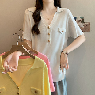 Plus Size Women's Clothing 2025 Summer New Polo Collar Loose Simple Slimming Look Versatile Fat m Ice Silk Short-Sleeved T-Shirt