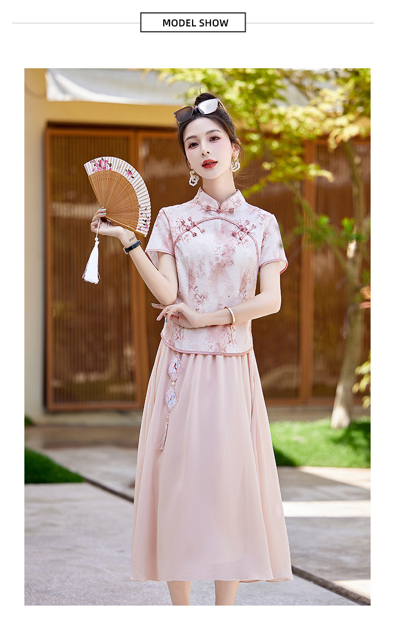 Bộ áo kiểu Trung Quốc mới và váy dài vừa phải hai mảnh mùa hè AH2438 — Màu hồng, Màu xanh lá chi tiết 22