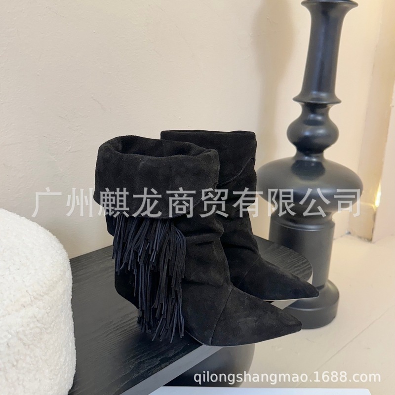 高端2025秋冬真皮尖头复古流苏褶皱堆堆靴中筒切尔西靴西部牛仔靴|undefined