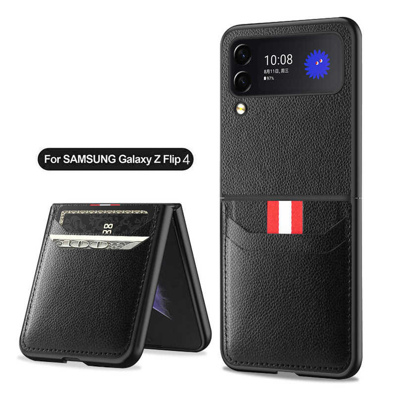 For Samsung Galaxy Z Flip 4 Litchi Pattern Double Card Phone Case Flip4 Leather Pattern Card Bag Protective Cover
