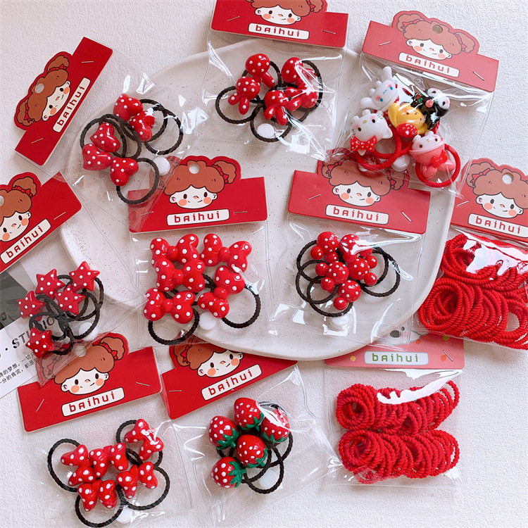 Children's New Year Red Round Dot Bow Cartoon Hair Tie Cute Girls Non-Damaging Hair Rubber Band Hairband