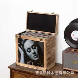 跨境乙烯基唱片储存盒配有机玻璃展示窗木质乙烯基唱片盒