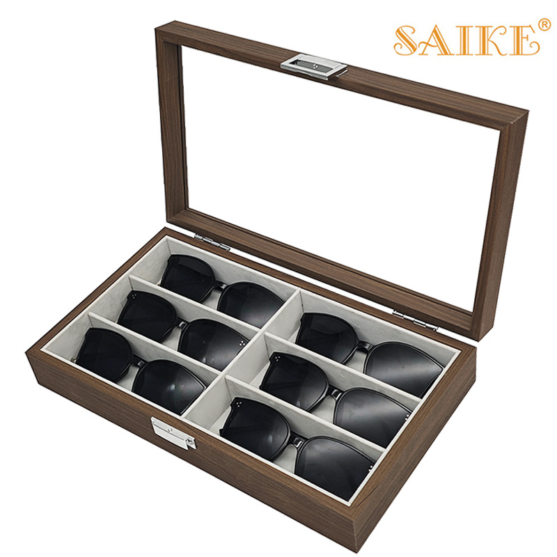 现货黑胡桃纹木质6位眼镜收纳展示盒6只装墨镜太阳镜收纳收藏盒