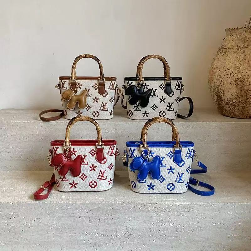 Cross-Border Bamboo Handle Women's Handbag with Linen Lettering, Embroidered Shoulder Bucket Bag, Crossbody Basket Bag Cross-Border Bamboo Handle Women's Handbag with Linen Lettering, Embroidered Shoulder Bucket Bag, Crossbody Basket Bag