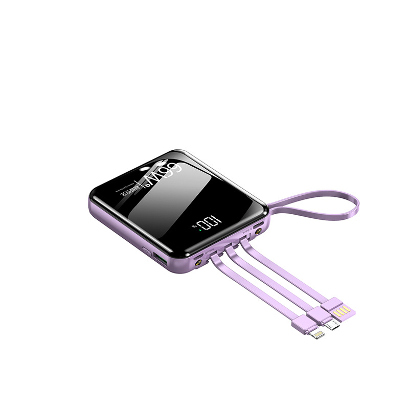 Banco de energía portátil mini de carga rápida bidireccional de 66W al por mayor, 10000 mAh de gran capacidad con cable integrado, fuente de alimentación móvil, personalizable.