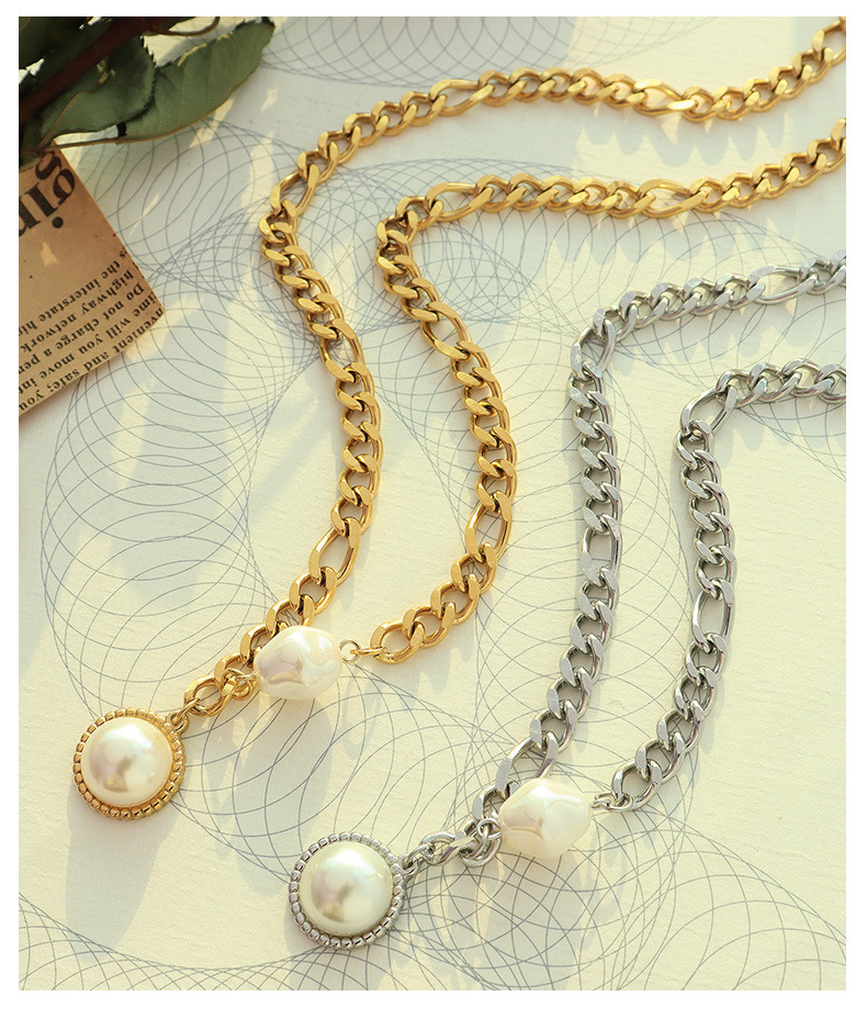 fashion geometric chain inlaid pearl 18k gold titanium steel necklace