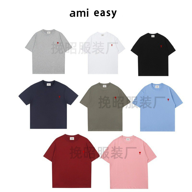 AMI&EASY 正しいバージョンのクラシックな小さな愛の刺繍半袖 Tシャツメンズ夏のトレンディなブランドルーズカジュアル多用途 Tシャツ|undefined