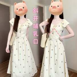 夏季哺乳衣外出辣妈款产后穿搭喂奶衣服碎花法式小飞袖哺乳连衣裙