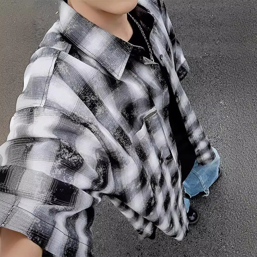 Vintage distressed short-sleeve grid shirt for men, stylish versatile thin dress shirt, American fashion brand collar grid half-shirt