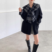 韩系格子披肩围巾双面羊绒大衣女秋冬新款宽松减龄羊驼绒毛呢外套