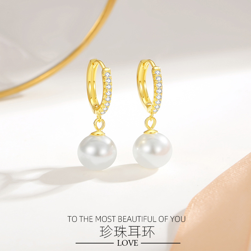 S925 plata estilo francés lleno de diamantes de perlas pendientes de moda de las mujeres de lujo geométrico círculo nicho pendientes diseño de alta calidad