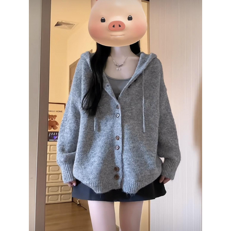 慵懒风开衫外套女灰色连帽毛衣秋冬季韩系穿搭oversize针织衫上衣|undefined