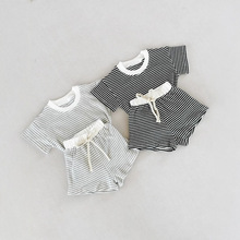 2026宝宝夏款纯棉条纹华夫格T恤套装男童婴儿薄款透气短裤两件套