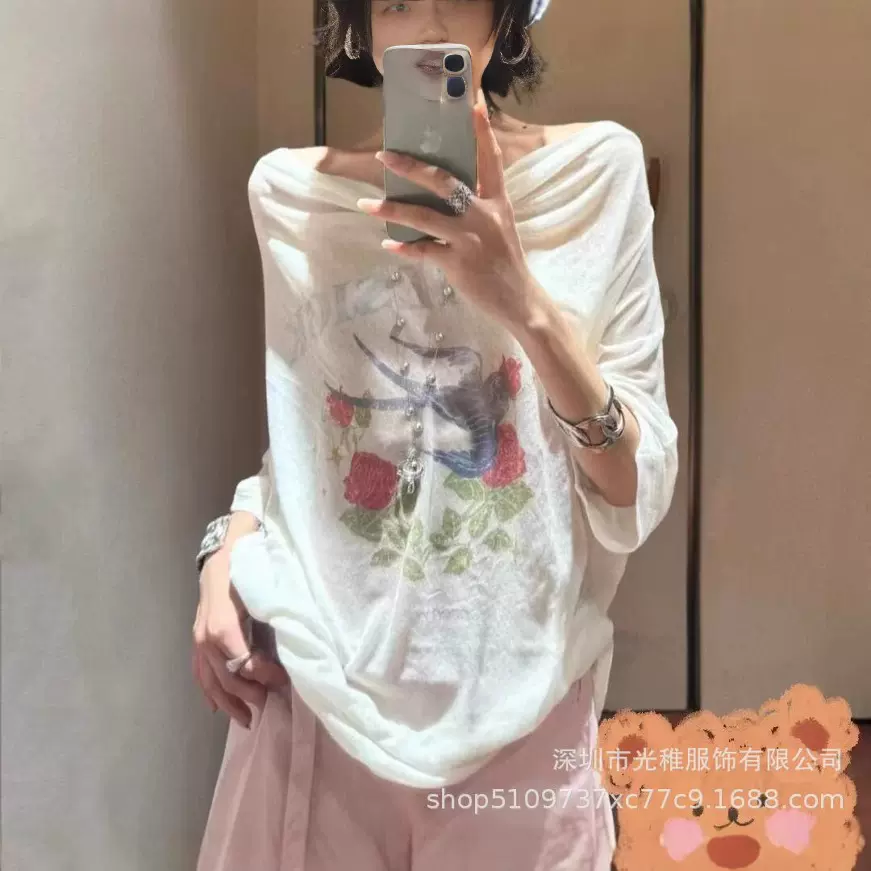 复古印花慵懒宽松短袖T恤女春季2025新款韩版休闲圆领一字肓罩衫