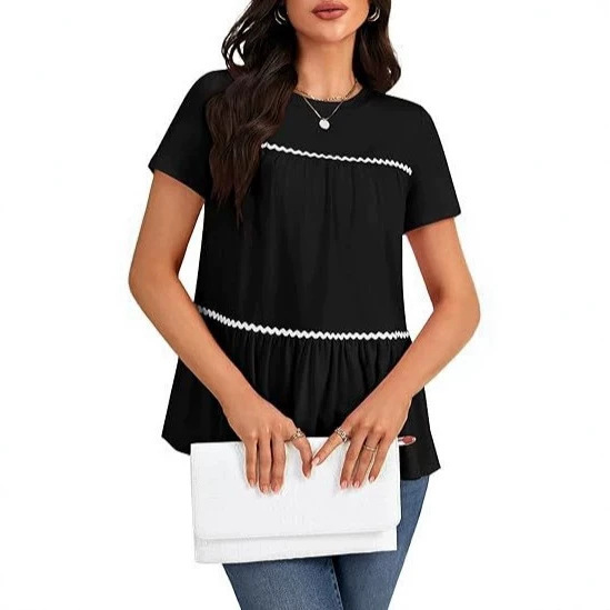 Women's Doll-Style Top with Round Neck, Short Sleeves, Layered Ruffles, Loose Fit, Casual Ruffle Top, Cinched Waist Shirt