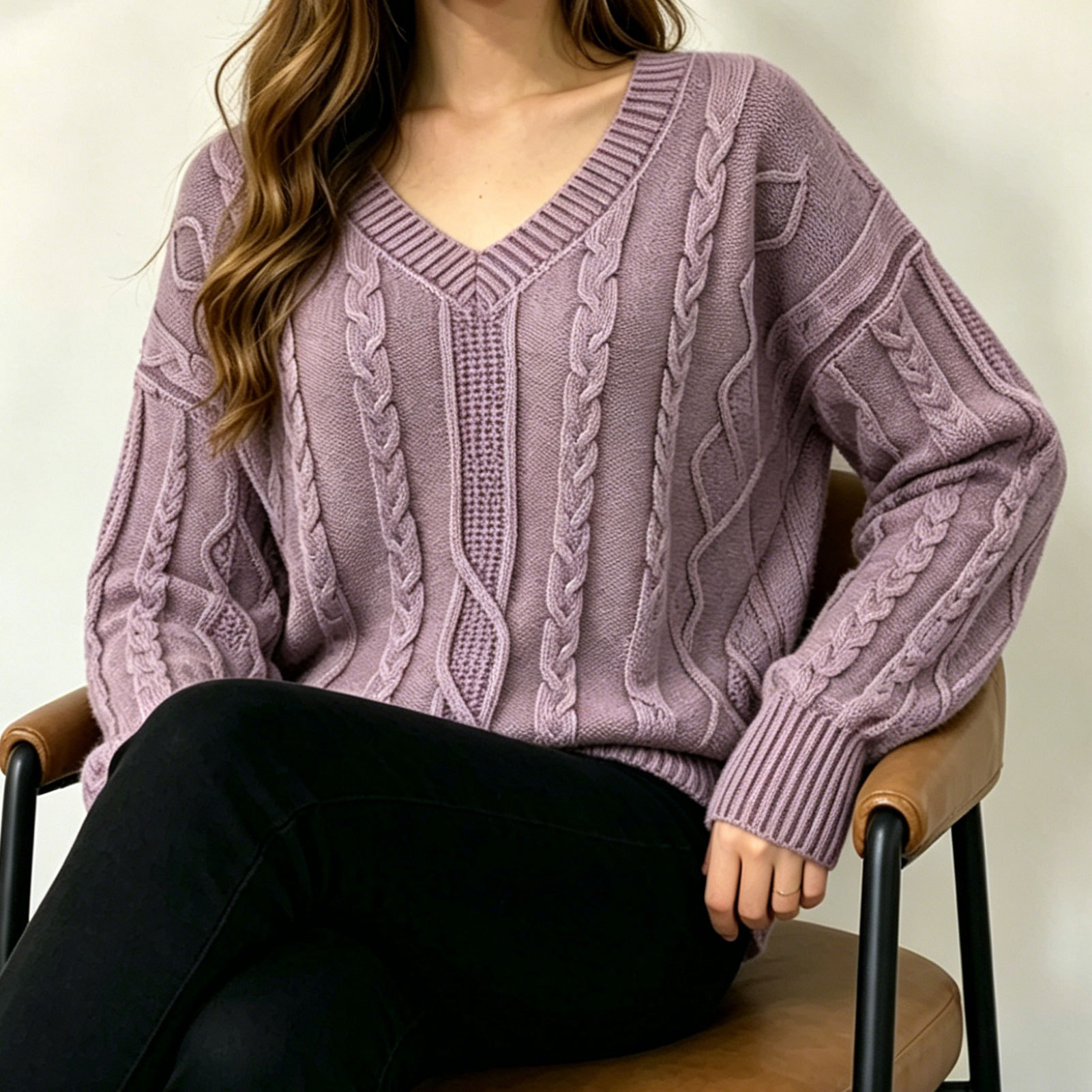 Amazon Cross-border 2026 Autumn and Winter New V-neck Cable Sweater New Casual Women's Outerwear Tops Knitted Sweater
