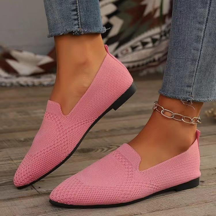 Flat 2024 Summer New European And American Style Large Size Women's Shoes Pointed Toe Fly-knit Shallow Loafers_vogvips.com