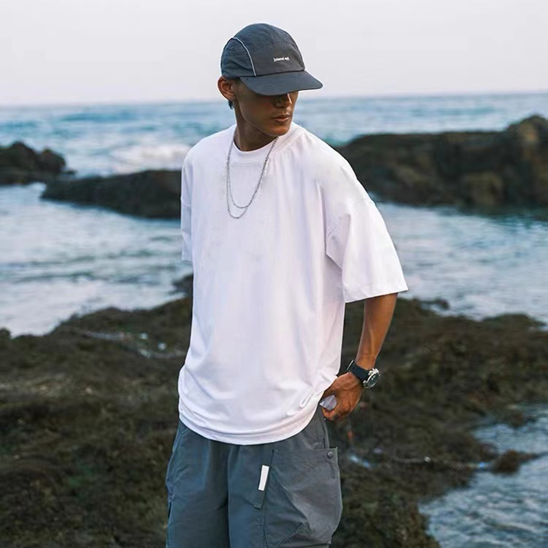 230g camiseta de manga corta hombre cuello pequeño cuello redondo algodón suelto hip-hop estilo lesbiano americano camiseta de hombro de moda