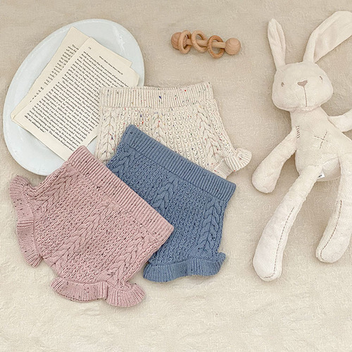 Winter and Spring Cross-Border Baby Girl and Boy Crochet Bread Pants Knitted Shorts for Boys and Girls with Colorful Spots Cotton Lotus Leaf Butt Pants