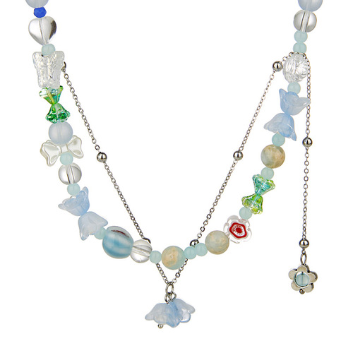 Blue flower beaded necklace for women summer dopamine fairy sweet girl niche design clavicle chain necklace