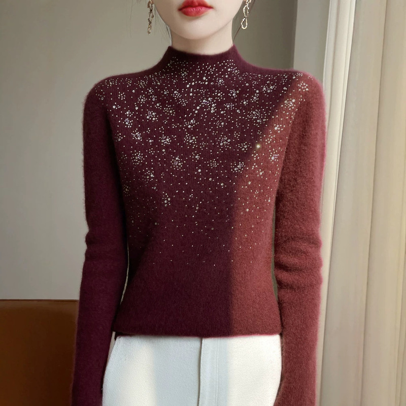 Women's Half-Turtleneck Sweater, Vintage Thickened Knitwear with Stripes and Rhinestones, Slim Fit, Fashionable Base Layer for Autumn and Winter